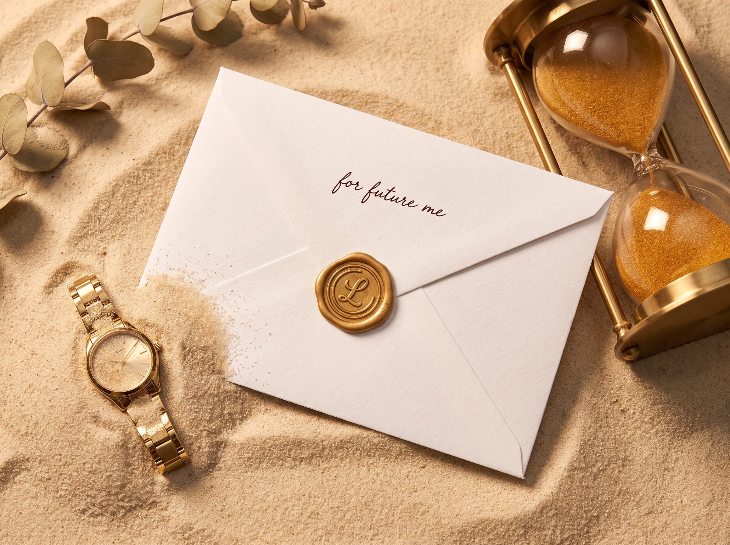 An envelope labeled 'for future me' resting in sand beside a gold watch and hourglass