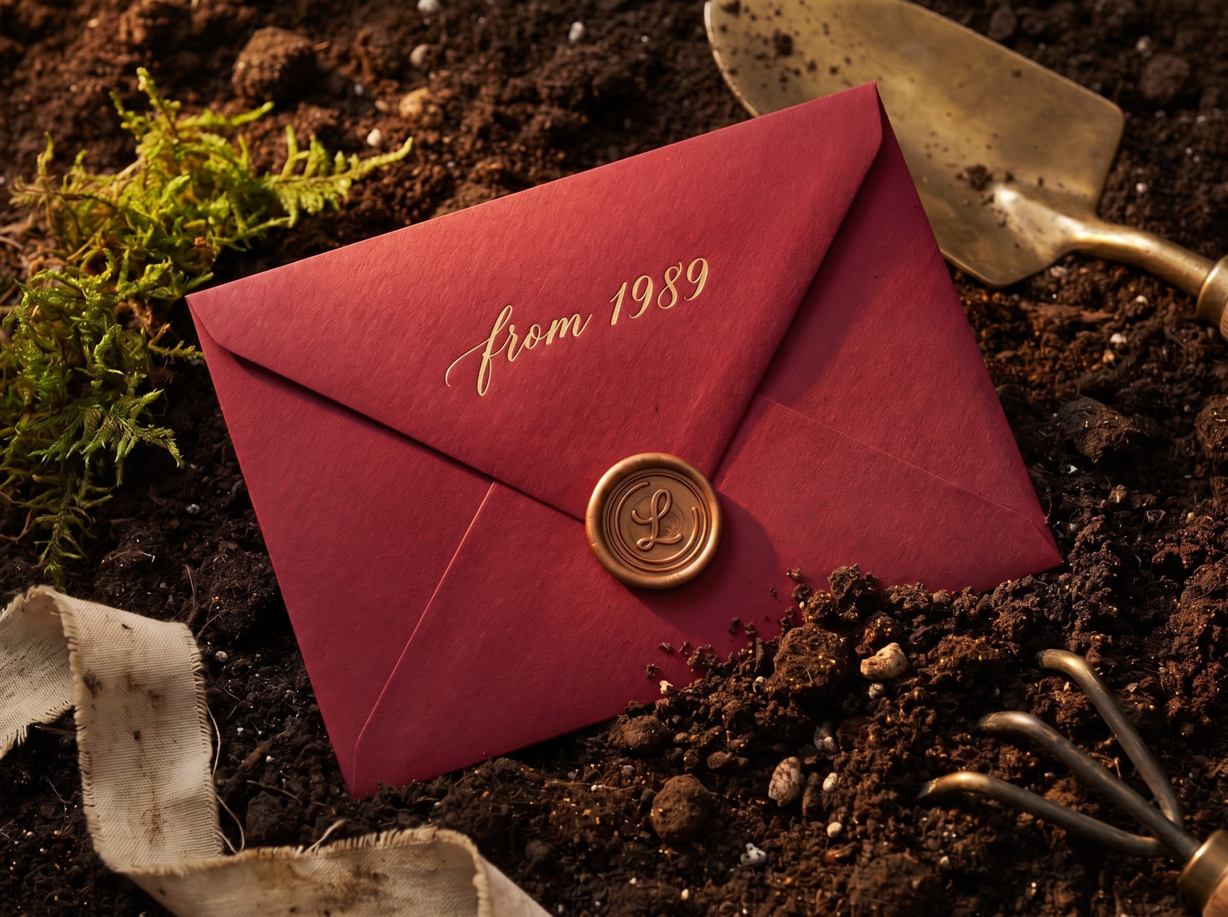 A maroon envelope reading 'from 1989' resting in garden soil beside vintage brass tools and moss
